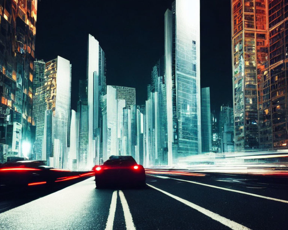 Red Car on City Street at Night with Blurred Traffic Lights and High-rise Buildings