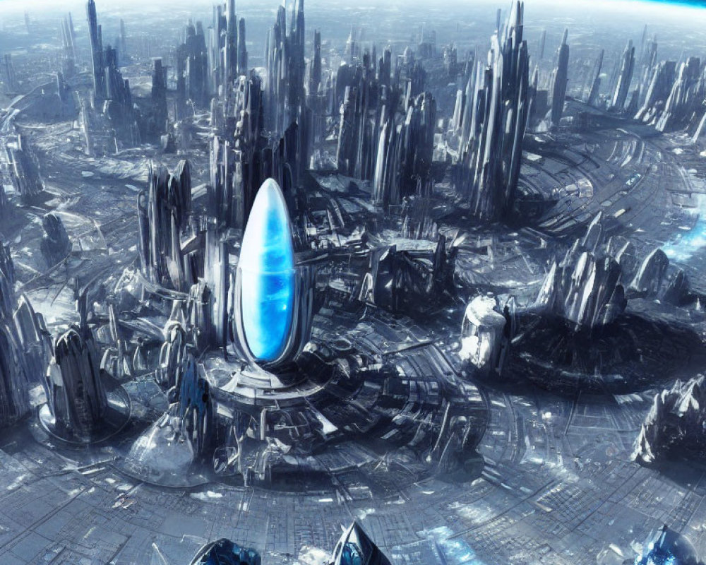 Futuristic cityscape with skyscrapers, oval structure, and blue-toned atmosphere