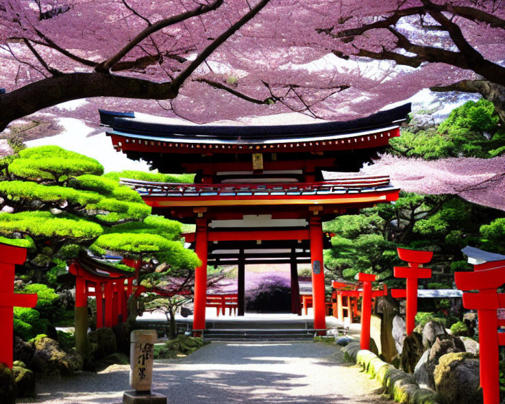 Serene Japanese garden with cherry blossoms and torii gates