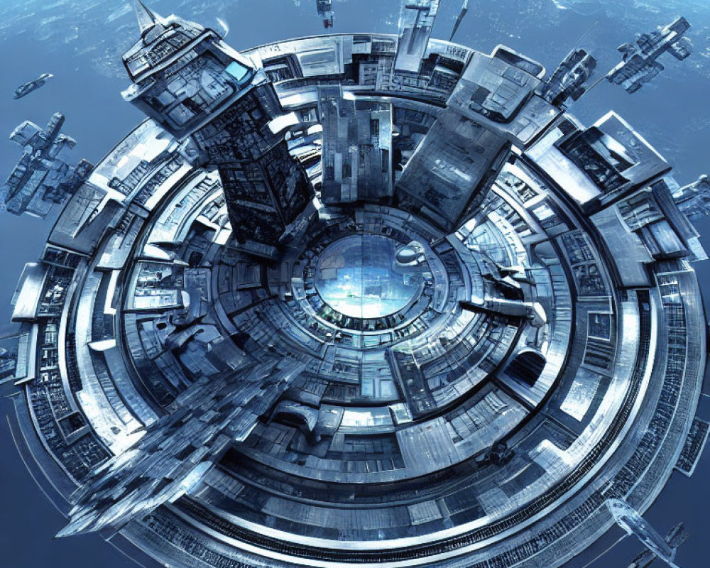 Circular futuristic cityscape with glowing core, high-rise buildings, flying vehicles, Earth backdrop