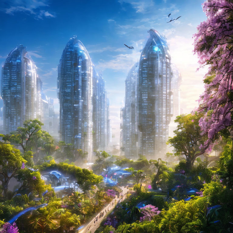 Futuristic cityscape with greenery, glass skyscrapers, pink trees, and birds in