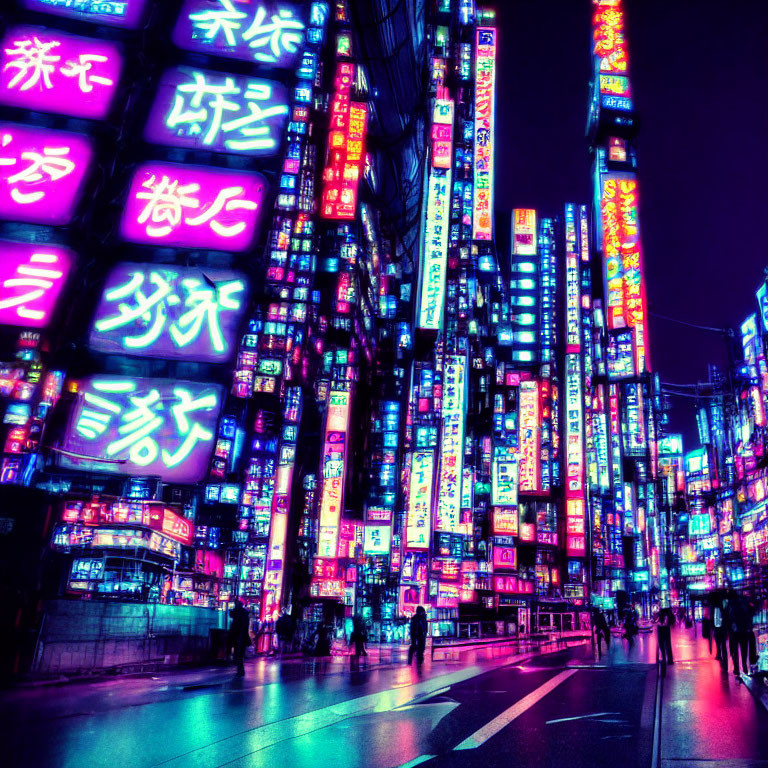 Vibrant neon-lit city street at night with colorful signage