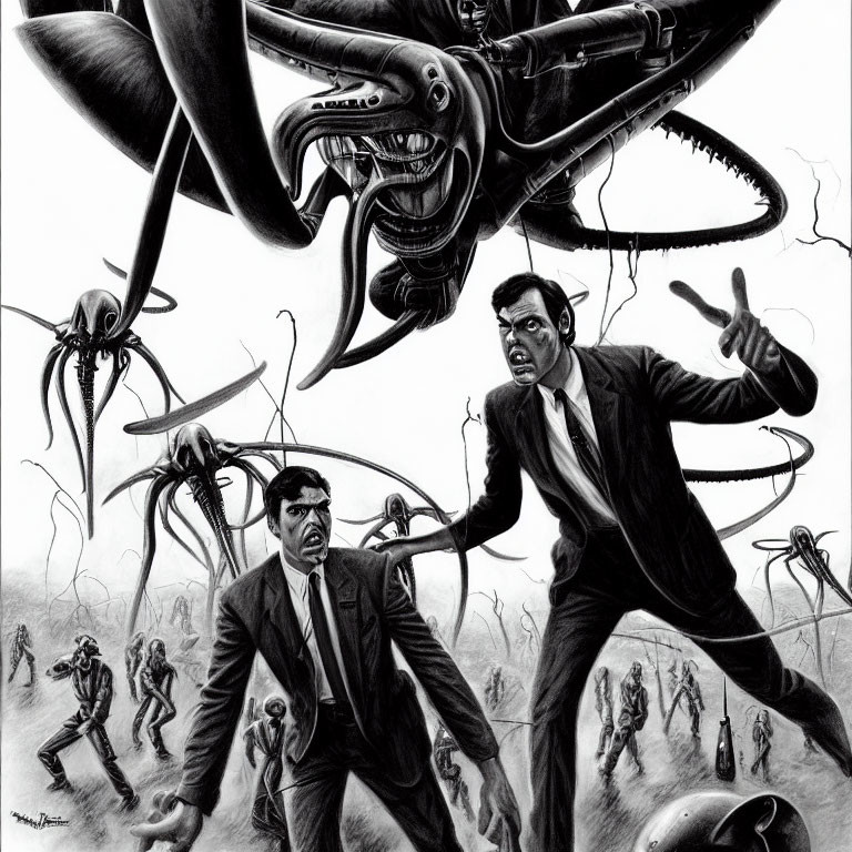 Monochrome illustration: Terrified people in suits fleeing from large tentacled creatures with beak-like