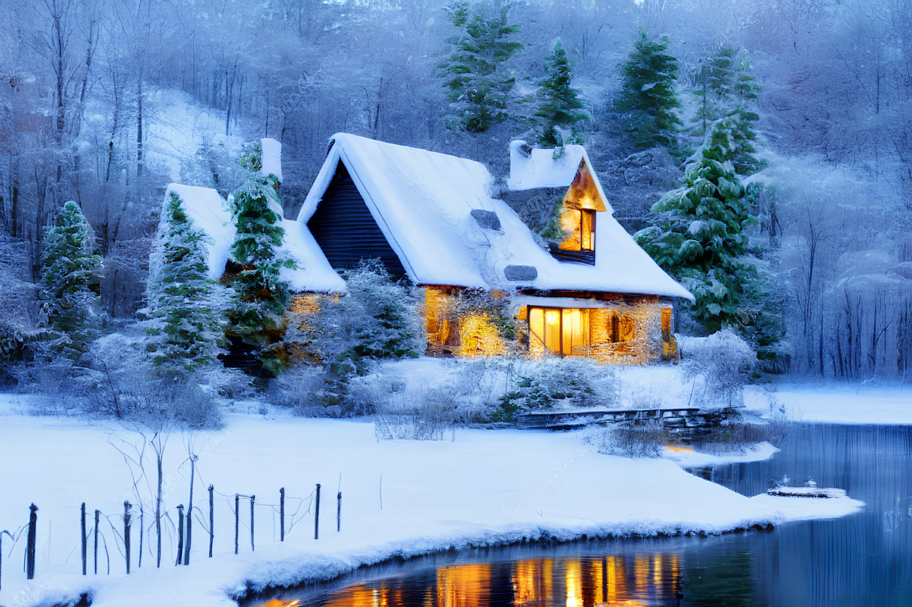 Winter Cabin in Snowy Forest by Frozen Lake at Twilight