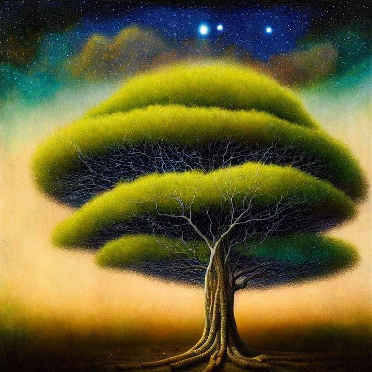 Whimsical painting of solitary tree under starry night sky