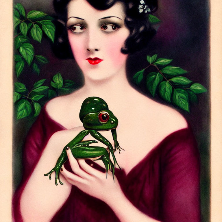 Vintage-style illustration: Woman with dark hair holding a green frog among green leaves on pink background