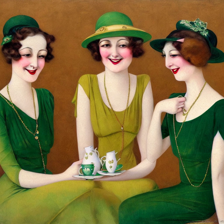 Vintage-style illustrated women in green dresses and hats sharing tea