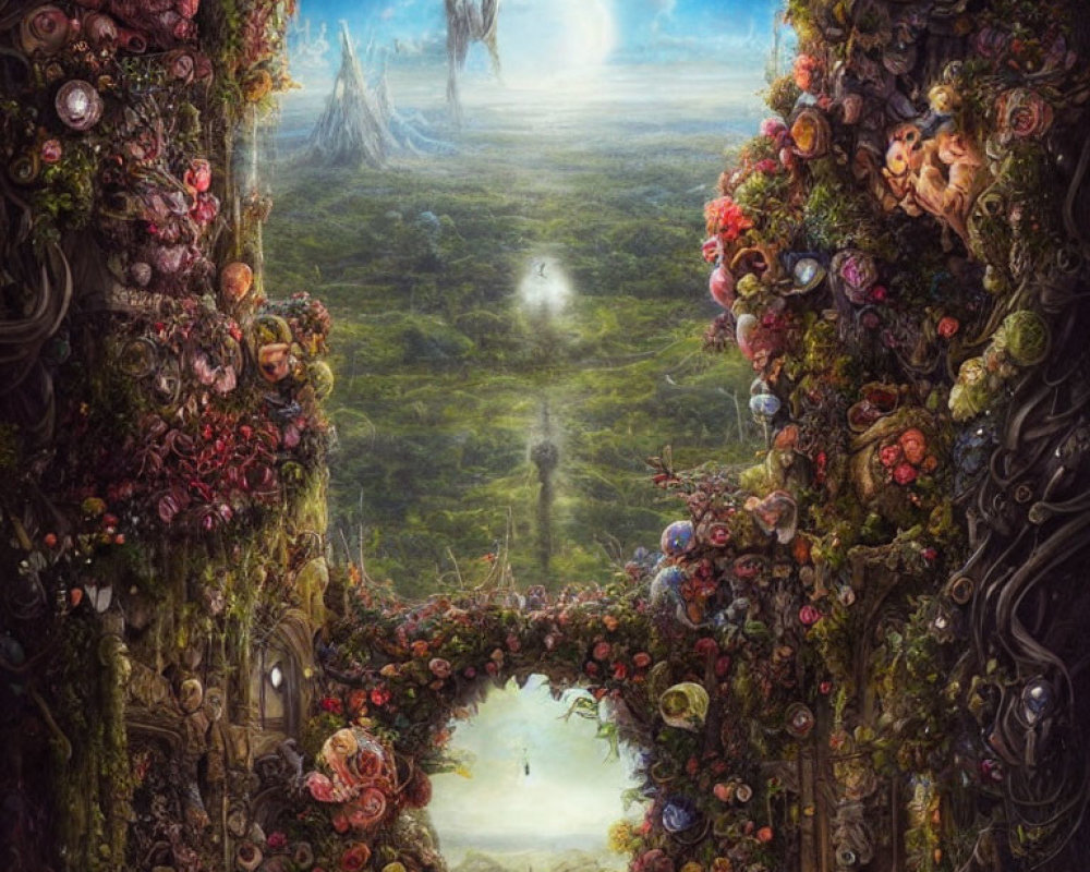 Fantasy landscape with floral archway, lush forest, towering structures, and flying creatures