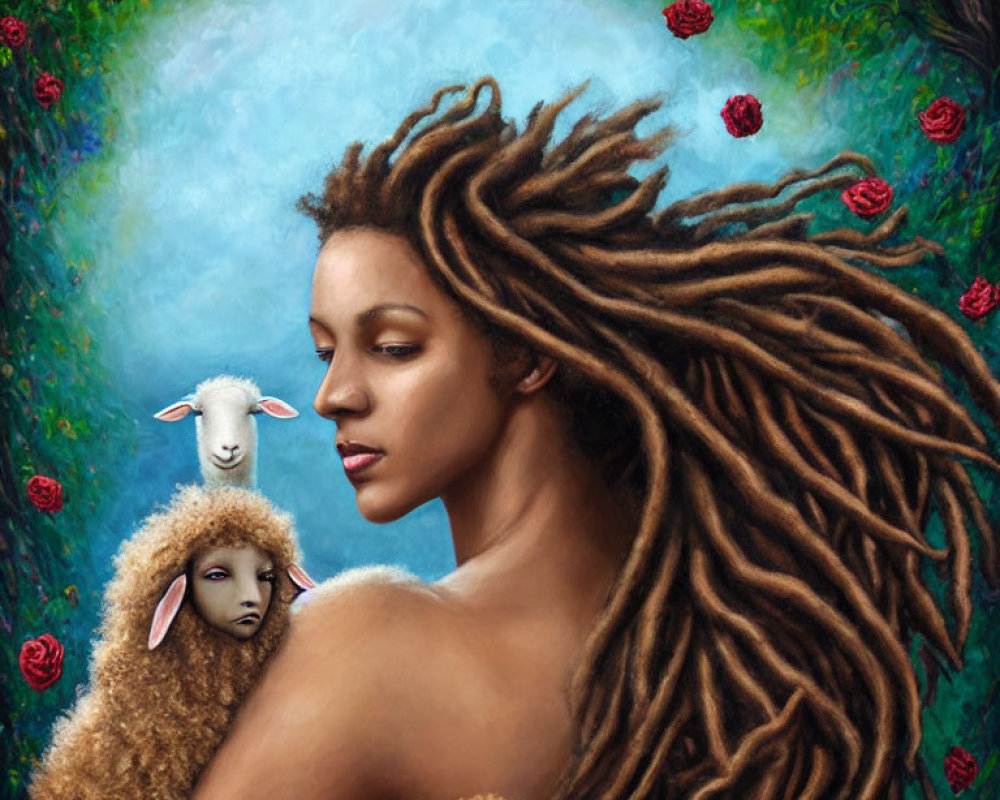 Woman with dreadlocks posing with sheep and roses on teal background