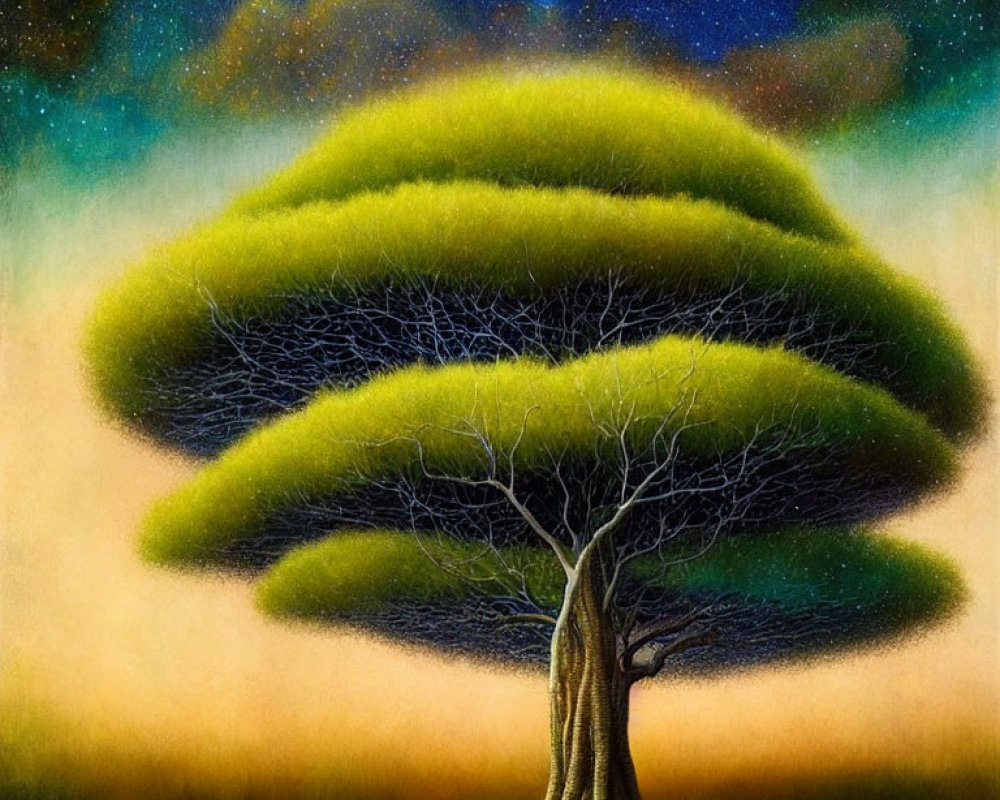 Whimsical painting of solitary tree under starry night sky