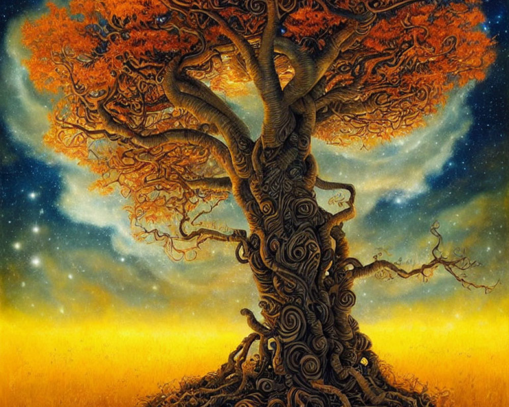 Vivid painting of mystical tree with swirling patterns, fiery leaves, starry sky, golden field