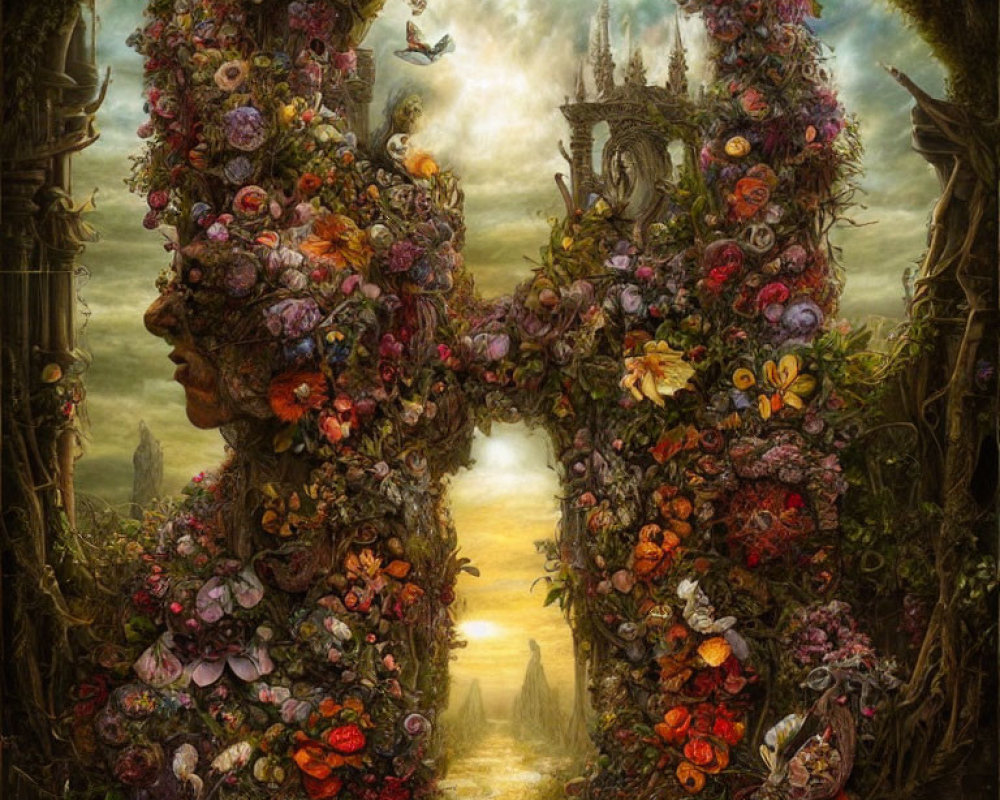 Fantasy-inspired archway with floral design and integrated face, leading to distant castle