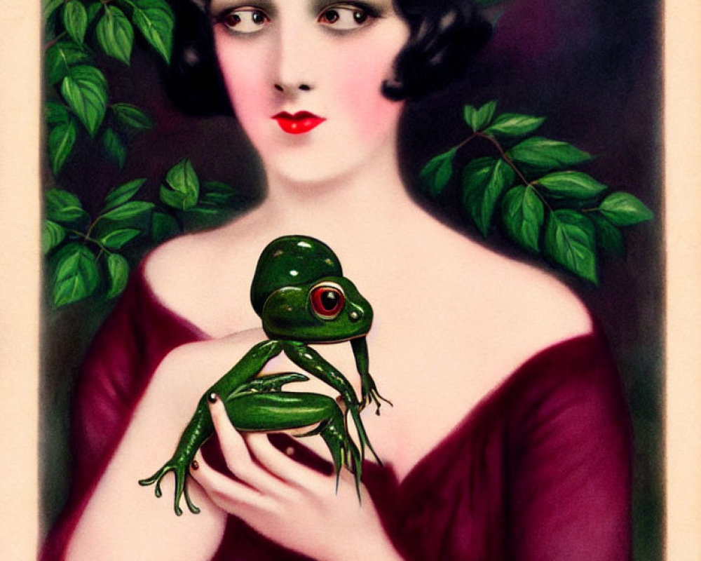 Vintage-style illustration: Woman with dark hair holding a green frog among green leaves on pink background