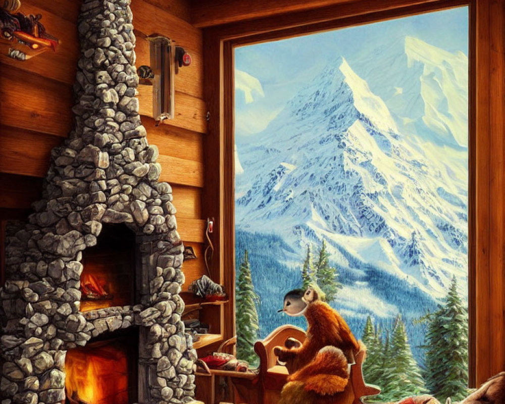 Rustic cabin interior with stone fireplace, snowy mountain view, and monkey on rocking chair