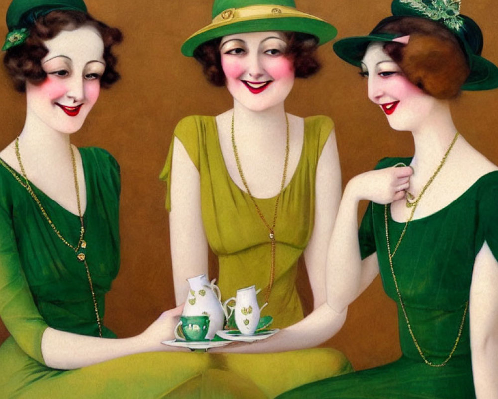 Vintage-style illustrated women in green dresses and hats sharing tea