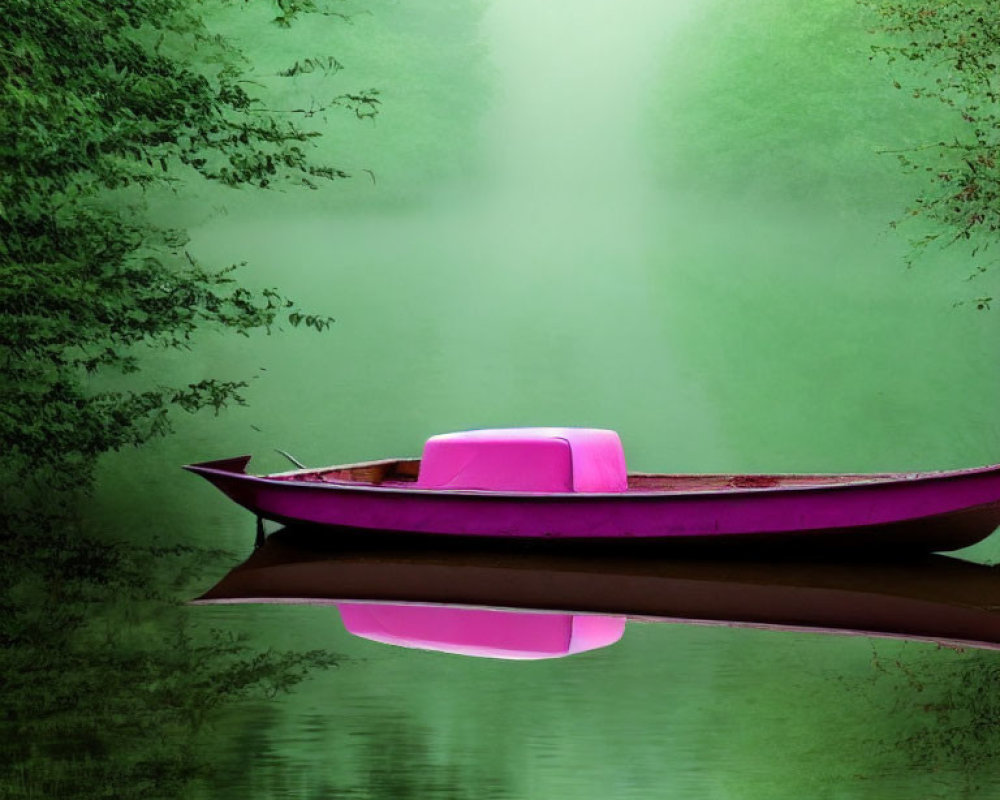 Magenta boat on tranquil river with lush greenery and mist