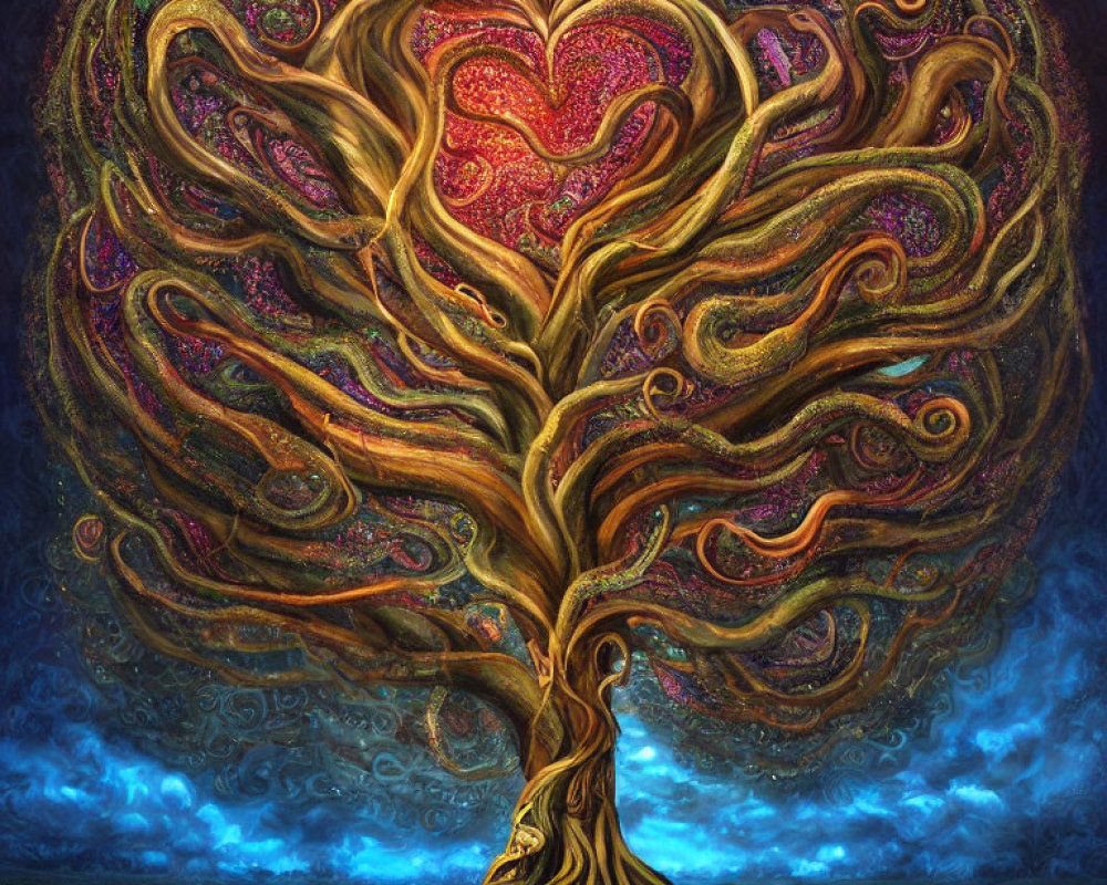 Colorful heart-shaped tree with swirling branches on dramatic sky