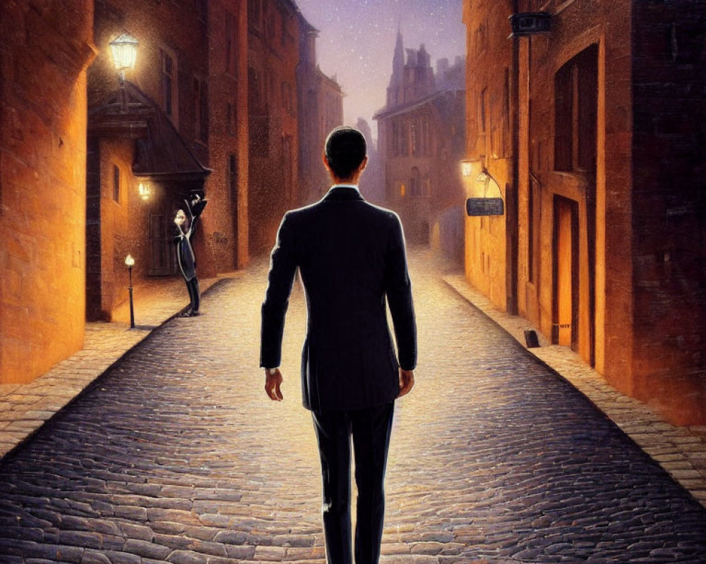 Man in suit walking down cobblestone alley at twilight