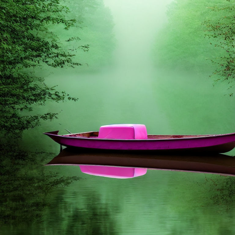 Magenta boat on tranquil river with lush greenery and mist