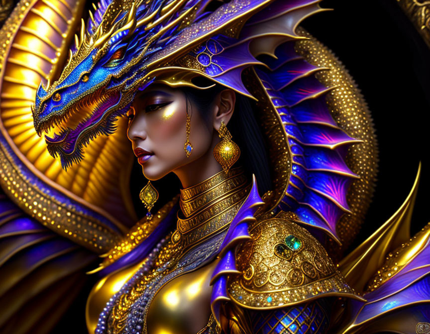 Colorful Dragon and Woman in Golden Armor Illustration