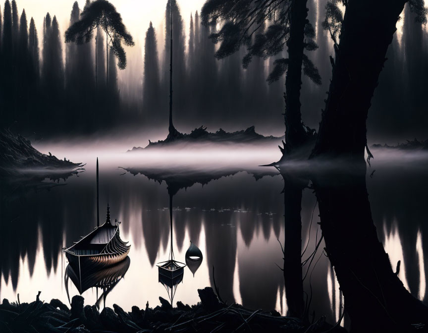 Tranquil forest silhouette with misty lake and boat