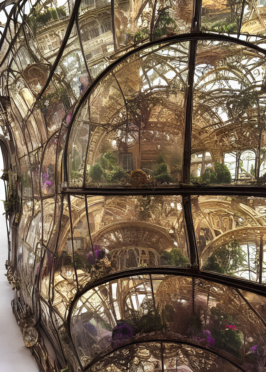 Intricate ironwork and glass with reflective arches and foliage.