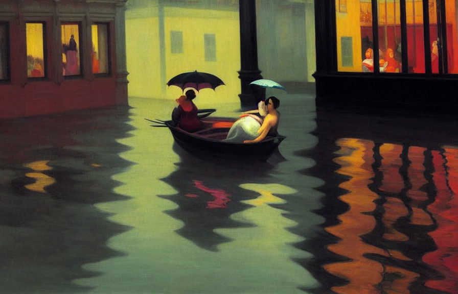 Artwork of two people in a gondola under an umbrella on reflective water