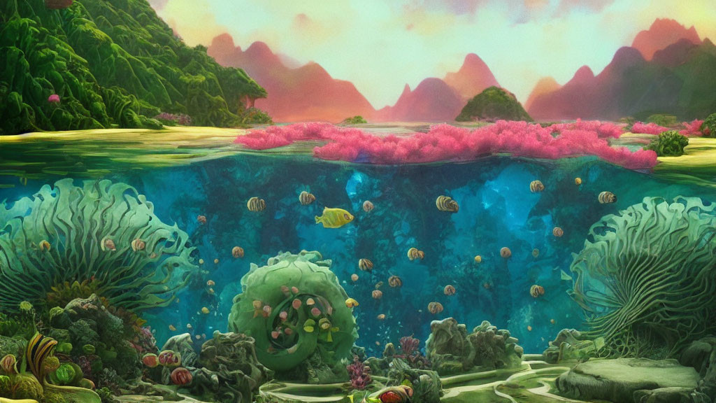 Colorful Coral and Fish in Vibrant Underwater Scene with Green Island and Pink Flora