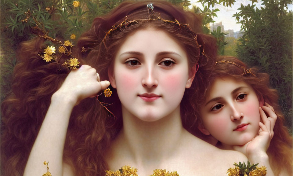 Classical painting of two fair-skinned women with rosy cheeks and golden flower-adorned hair