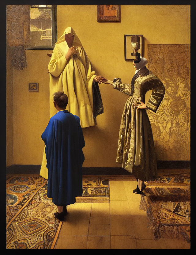 Boy in blue cloak observes figures in golden room with extended hands