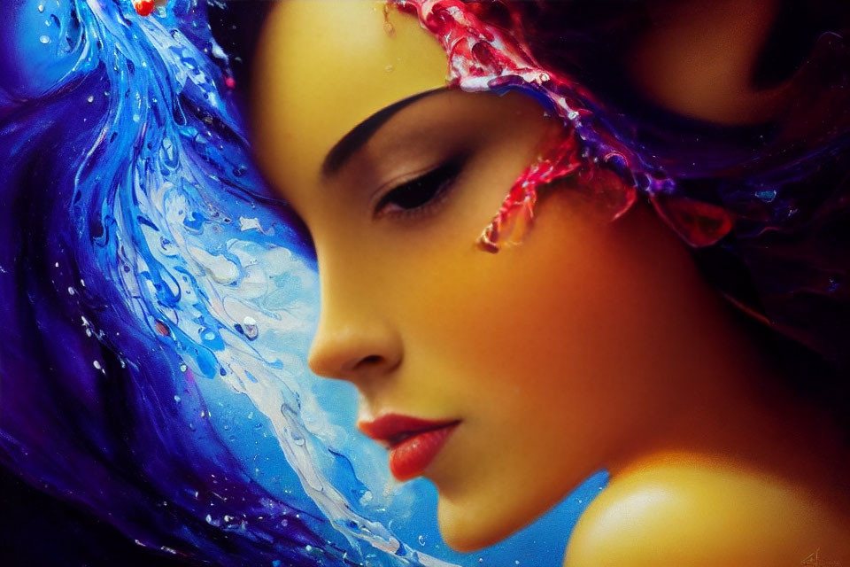 Vibrant portrait of a woman with flowing blue hair and water elements