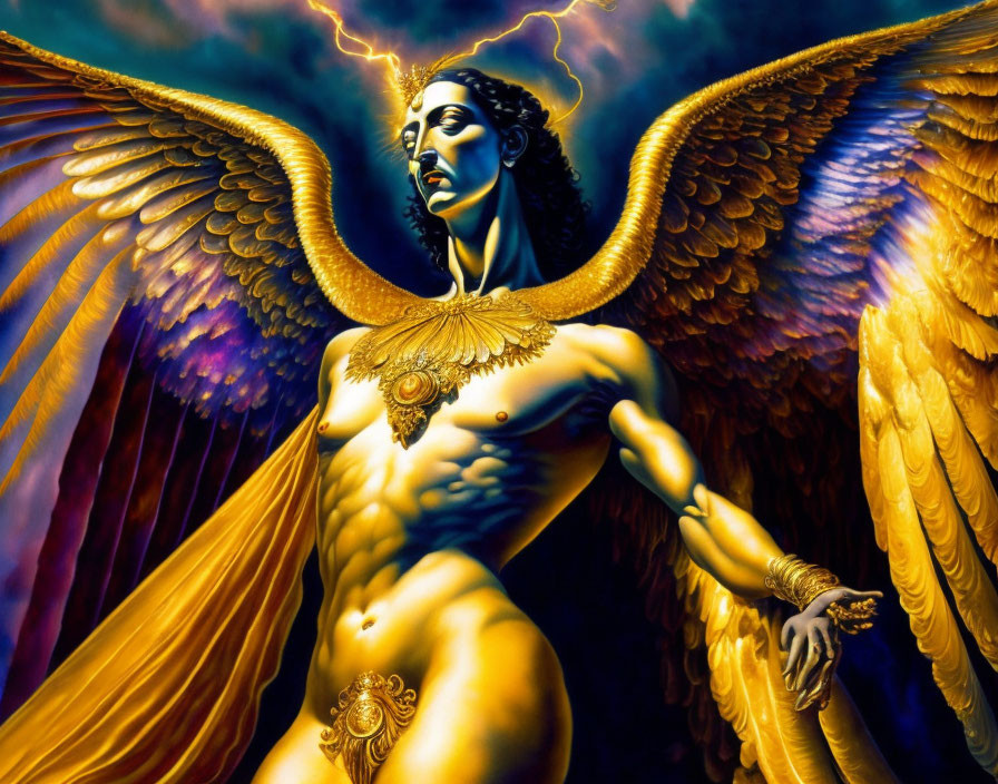 Golden-adorned winged figure in serene pose against blue and purple backdrop