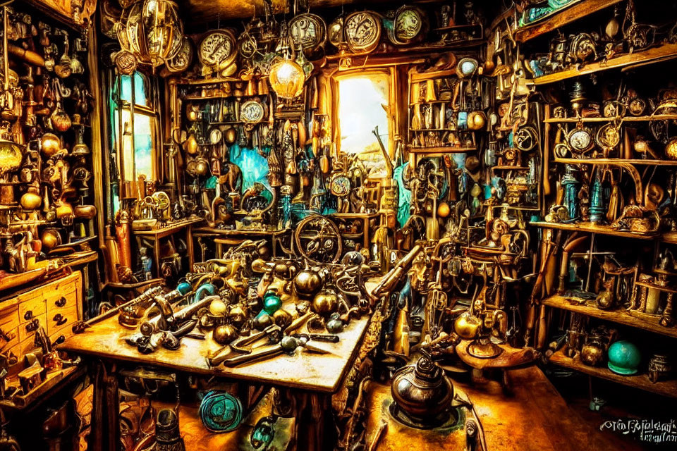 Vintage steampunk workshop with brass instruments, clocks, and navigational tools under warm lighting