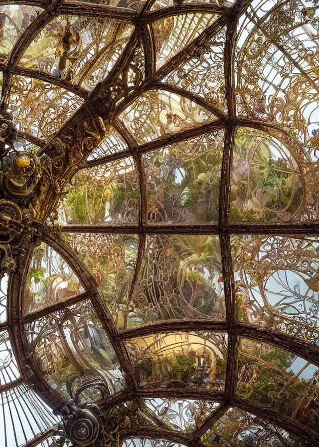 Elaborate glass ceiling with metal framework and lush greenery.