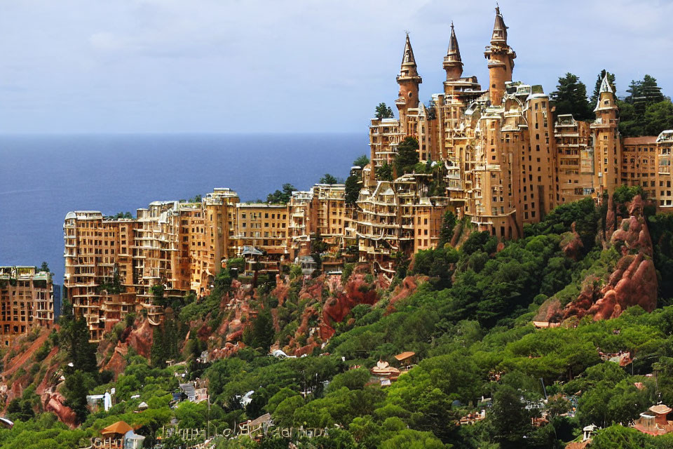 Fantastical landscape with castle-like buildings and sea view