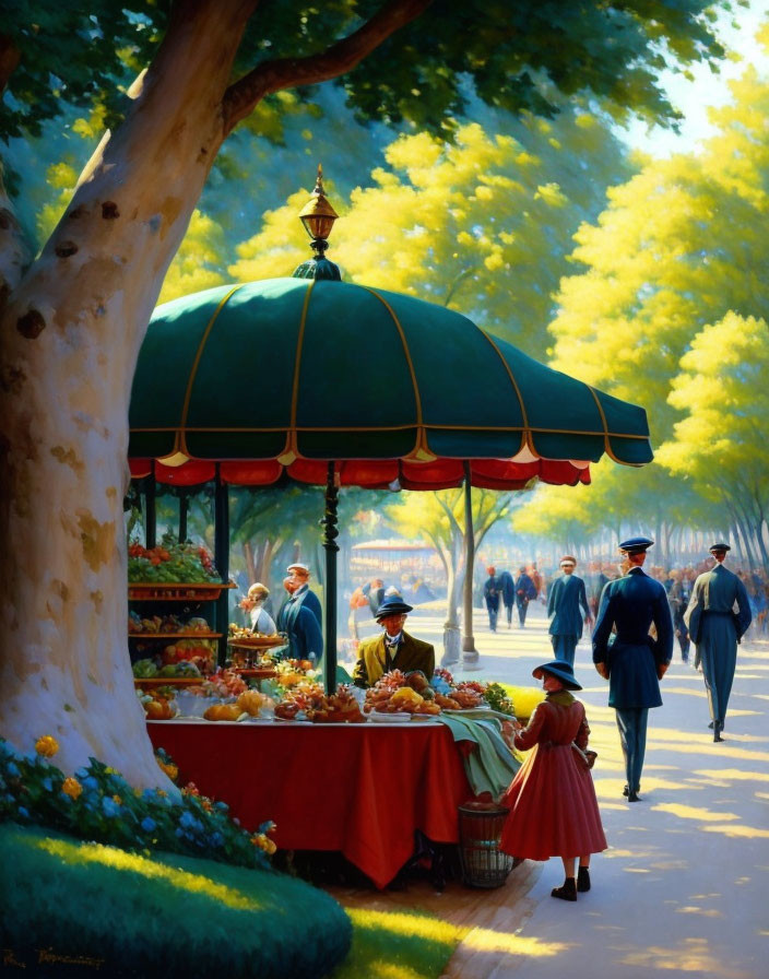 Colorful street fruit stand scene with people and child under green umbrella