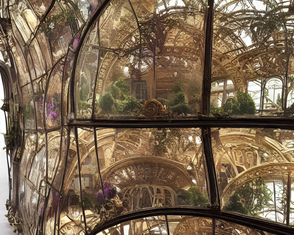 Intricate ironwork and glass with reflective arches and foliage.