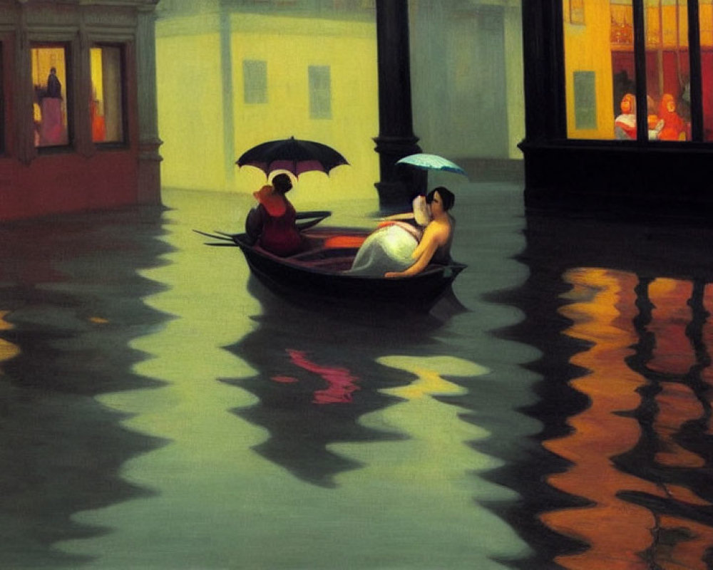 Artwork of two people in a gondola under an umbrella on reflective water