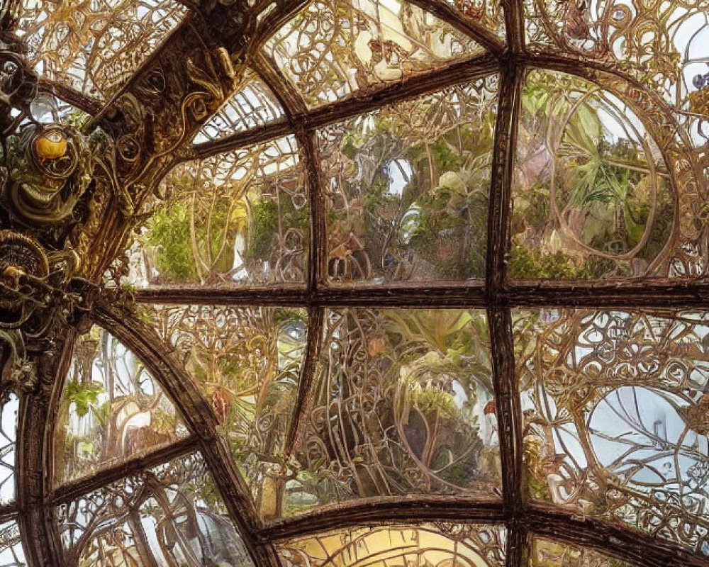 Elaborate glass ceiling with metal framework and lush greenery.