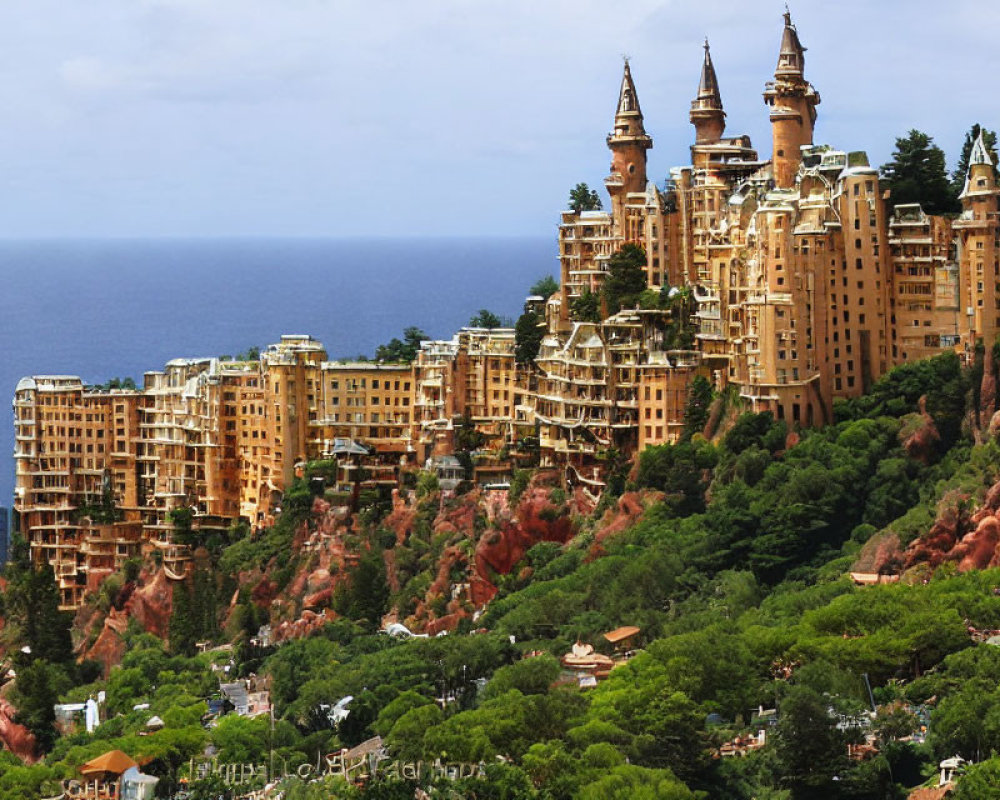 Fantastical landscape with castle-like buildings and sea view