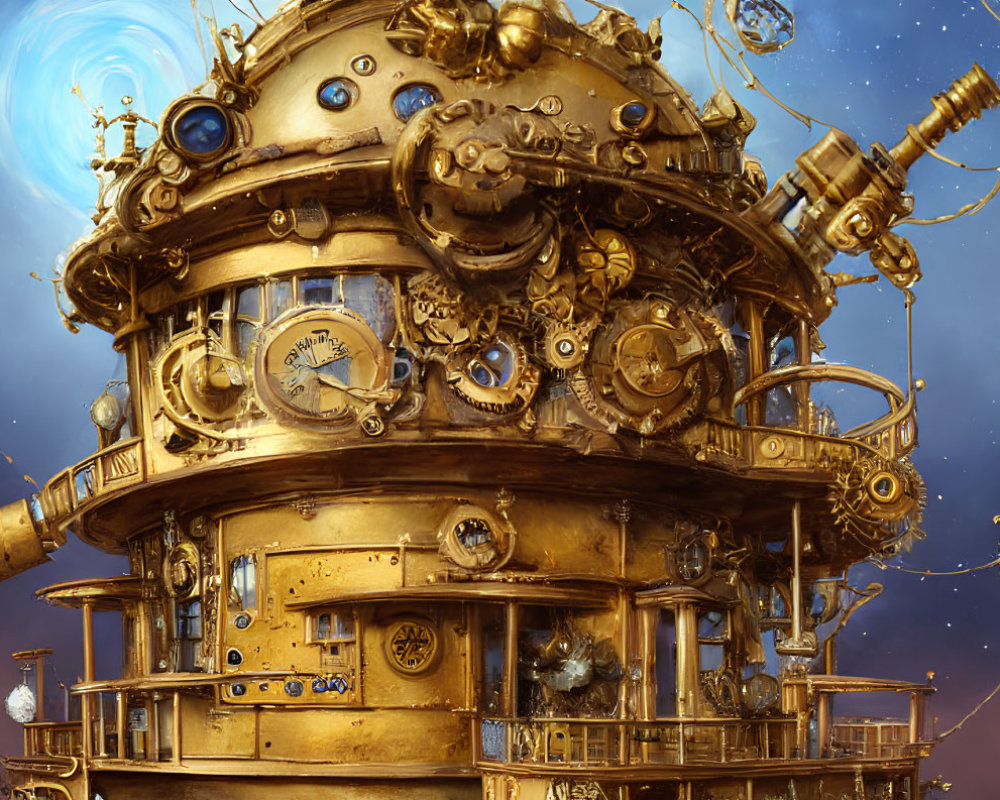 Steampunk tower with gears, clocks, and telescopes under starry sky