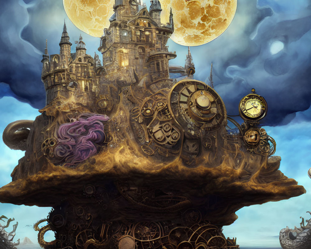 Fantastical floating island with steampunk castle under twin moons