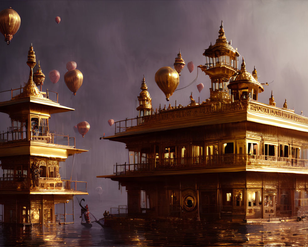 Fantasy artwork: ornate floating palaces and hot air balloons in dusky sky.