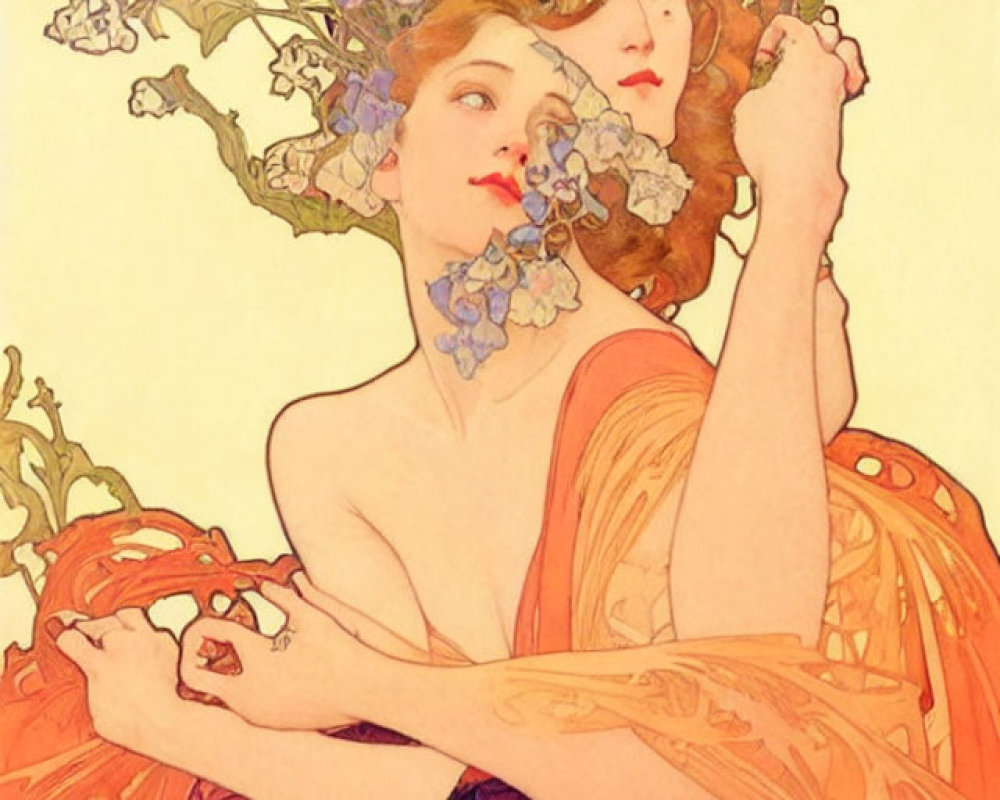 Art Nouveau Style Illustration of Two Women with Flowing Hair and Flowers in Orange Fabric