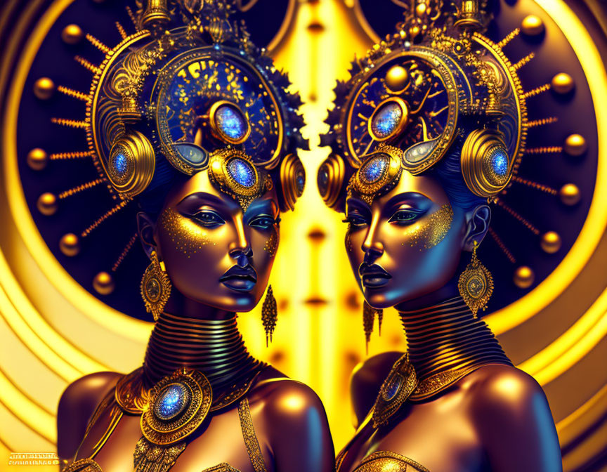 Symmetrical Illustration of Two Women with Golden Headdresses and Blue Gemstones