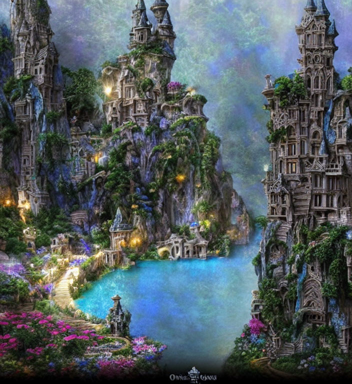 Fantasy landscape with towering castles, warm lights, greenery, and blue lagoon