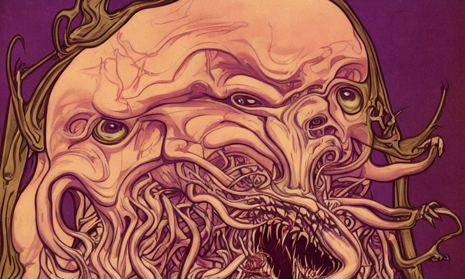 Grotesque multi-faced entity with tendrils and sharp teeth on purple background