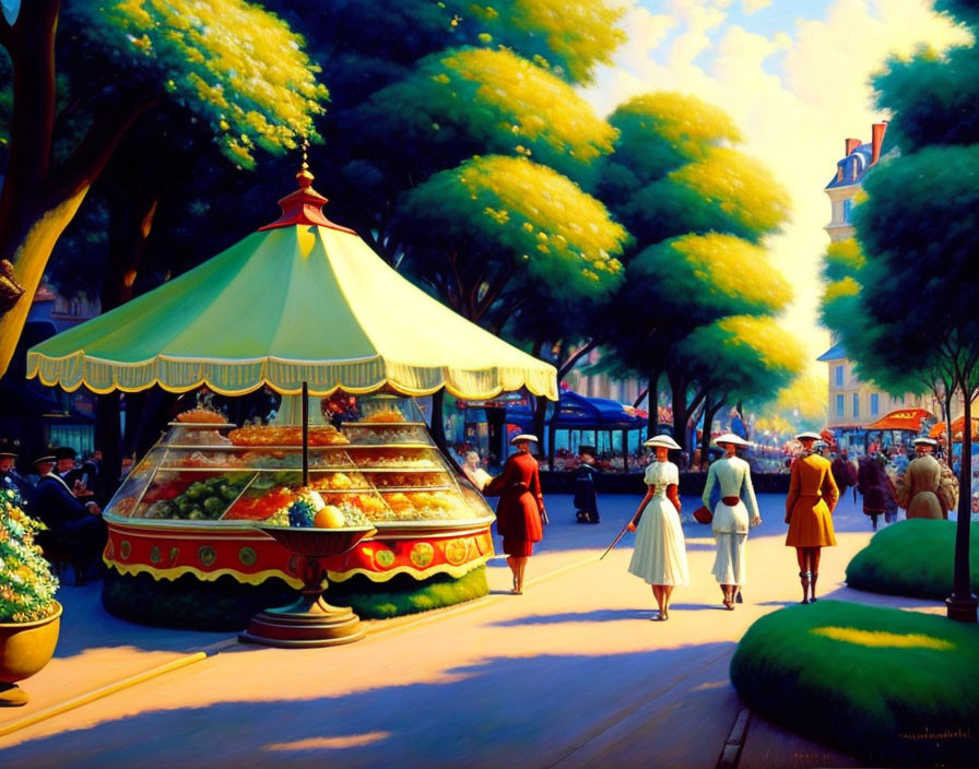 City street scene with carousel and pedestrians under sunlit trees