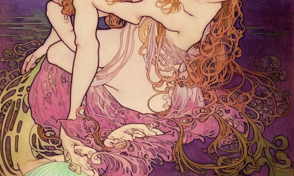 Ethereal woman in vibrant Art Nouveau style illustration