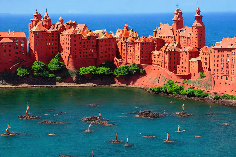 Red-roofed castle-like resort by a clear blue bay with floating pelicans